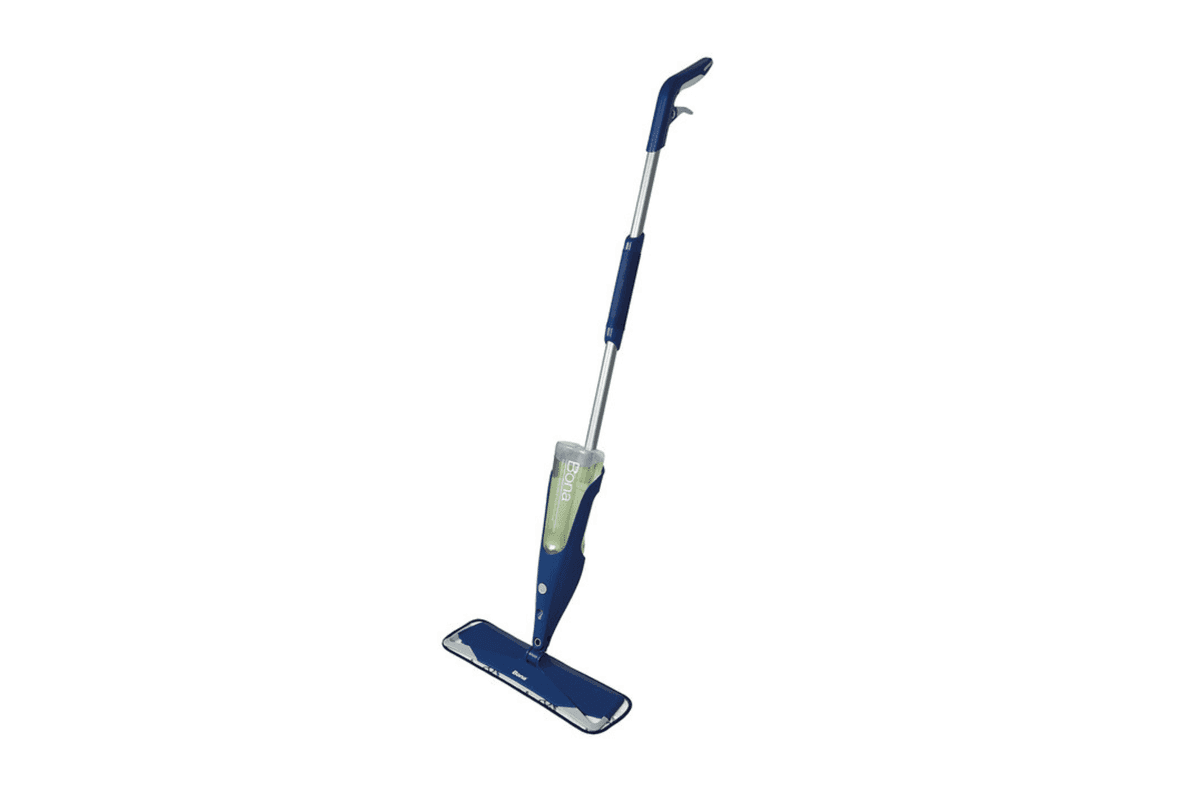 A dark blue and silver spray and glide mop