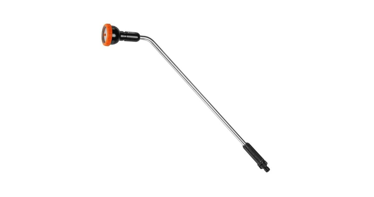 A long silver spray wand with an orange circular head