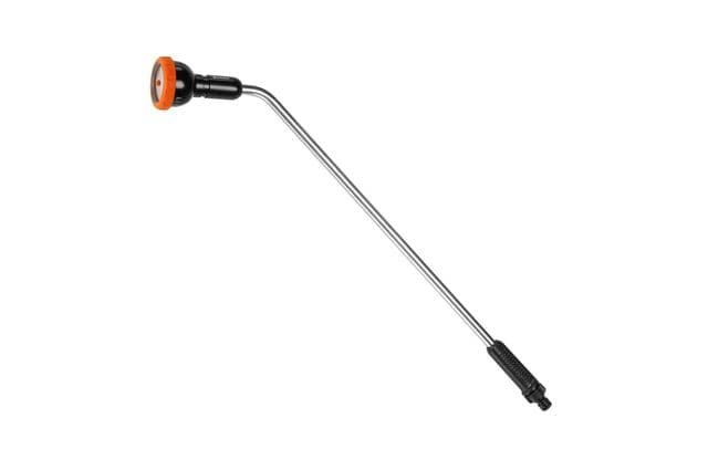 A long silver spray wand with an orange circular head