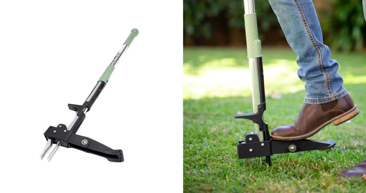A weed puller and a gardener using one on grass