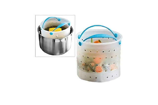 A silicon steamer basket with vegetables inside