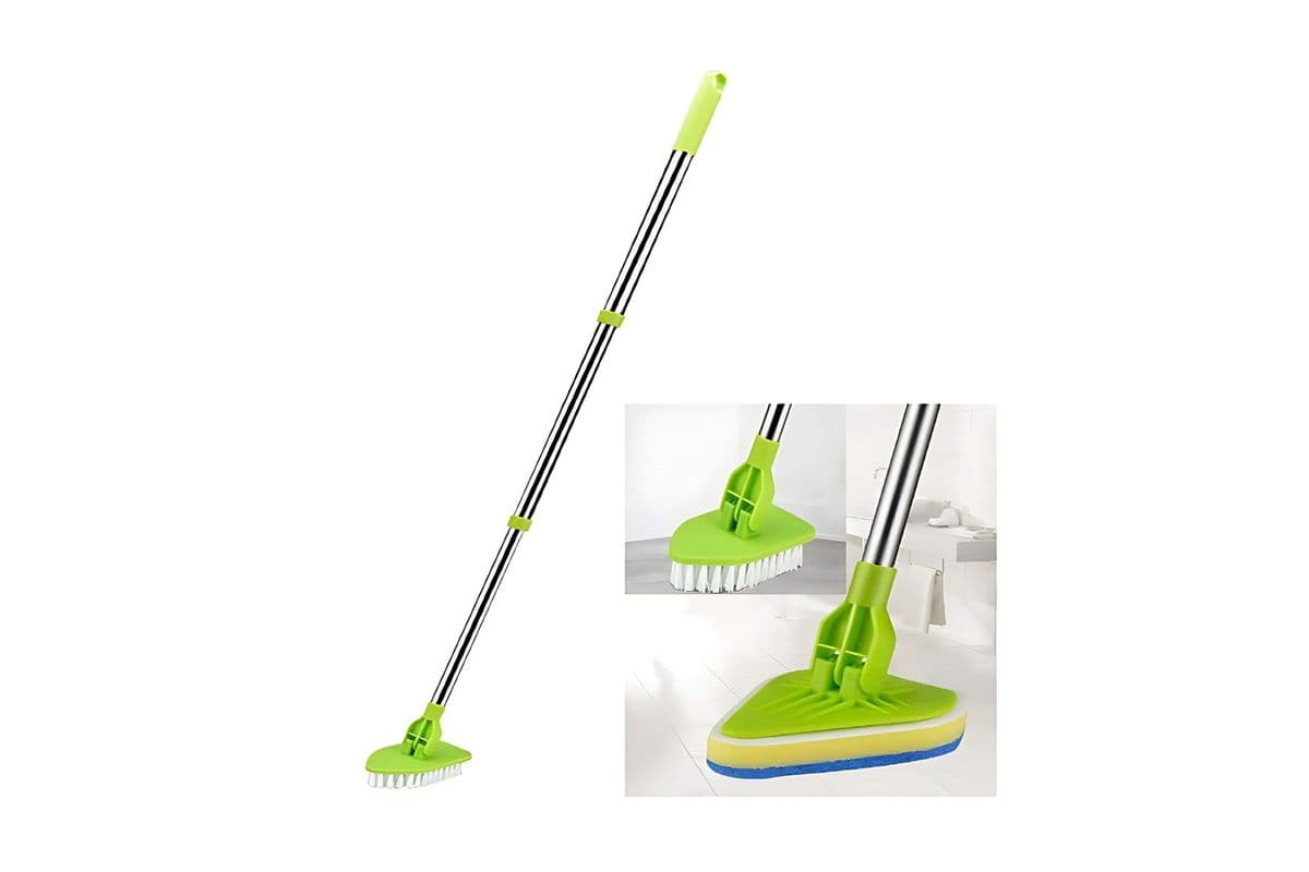 A green and silver bathroom cleaning mop with attachments