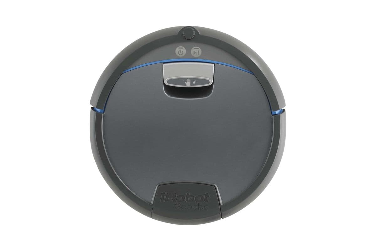 A black circular robot vacuum