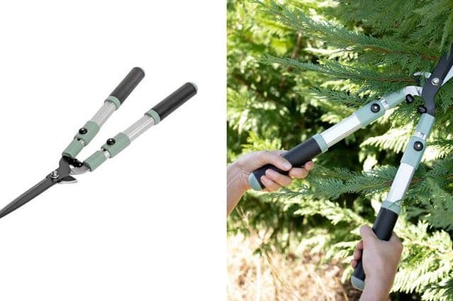 Hedge shearers with adjustable handles and one being used to trim a tree