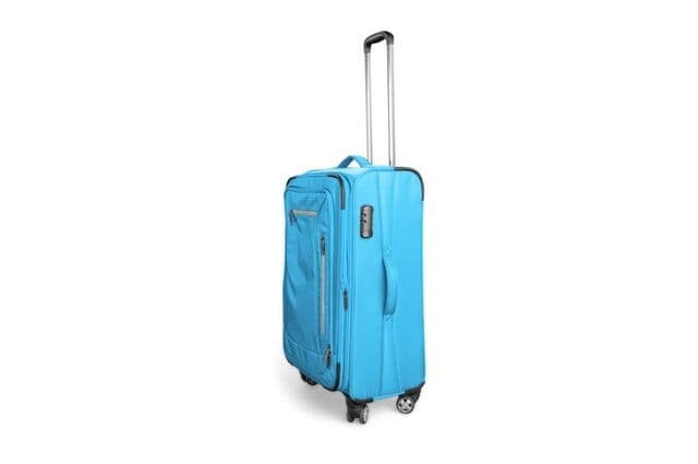 A blue suitcase on wheels