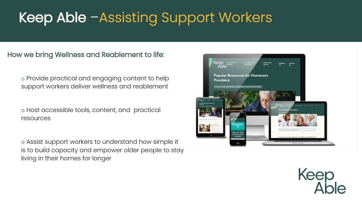 A slide from a PowerPoint presentation providing wellness and reablement tips for aged care support workers