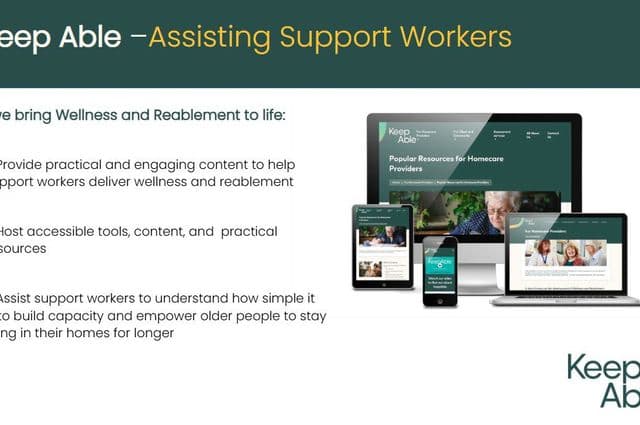 A slide from a PowerPoint presentation providing wellness and reablement tips for aged care support workers