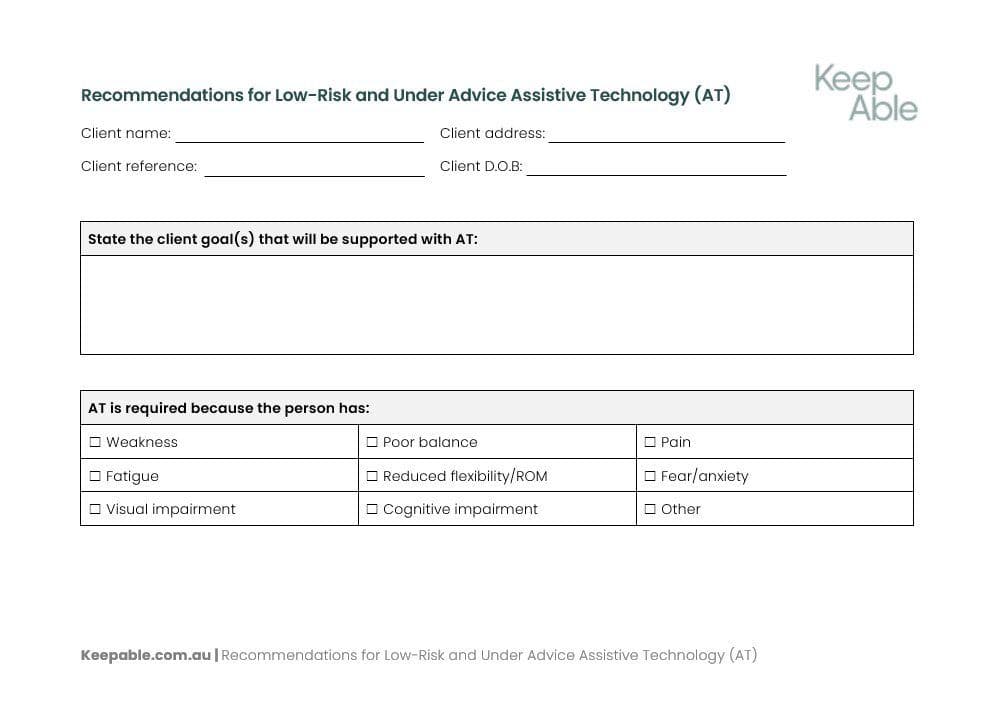 The first page of a template for recommending low-risk and under advice assistive technology