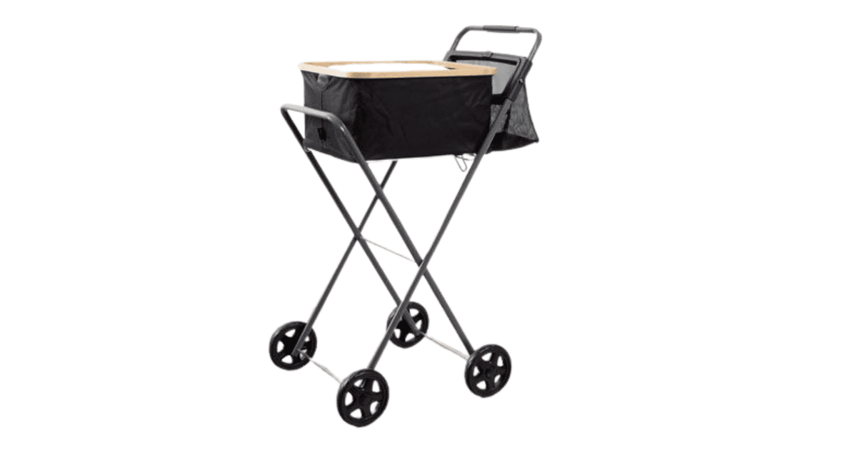 A black walking laundry basket