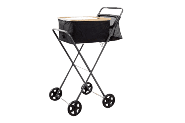 A black walking laundry basket