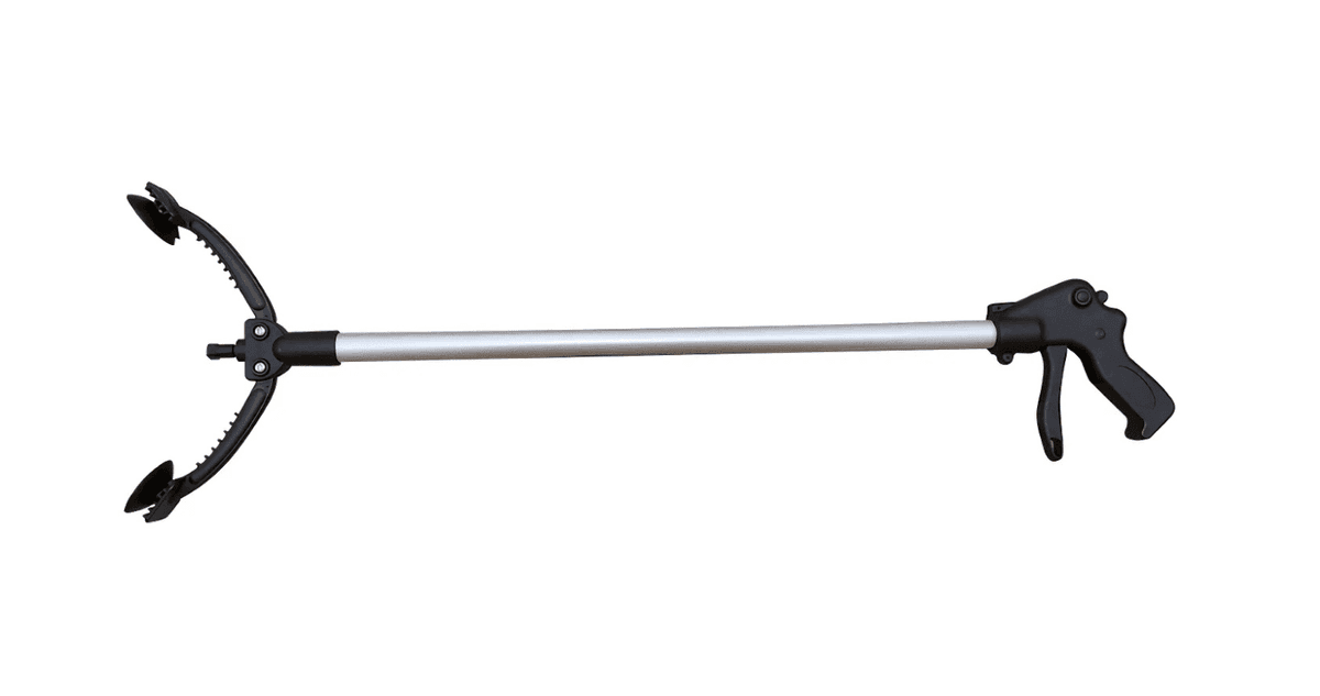 A long-handled reacher with suction cups on the reaching mechanism