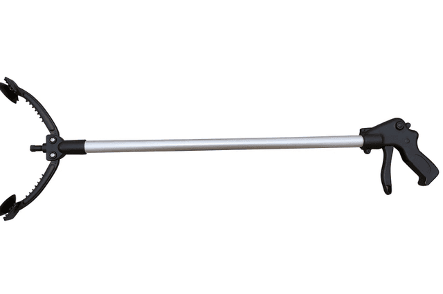 A long-handled reacher with suction cups on the reaching mechanism