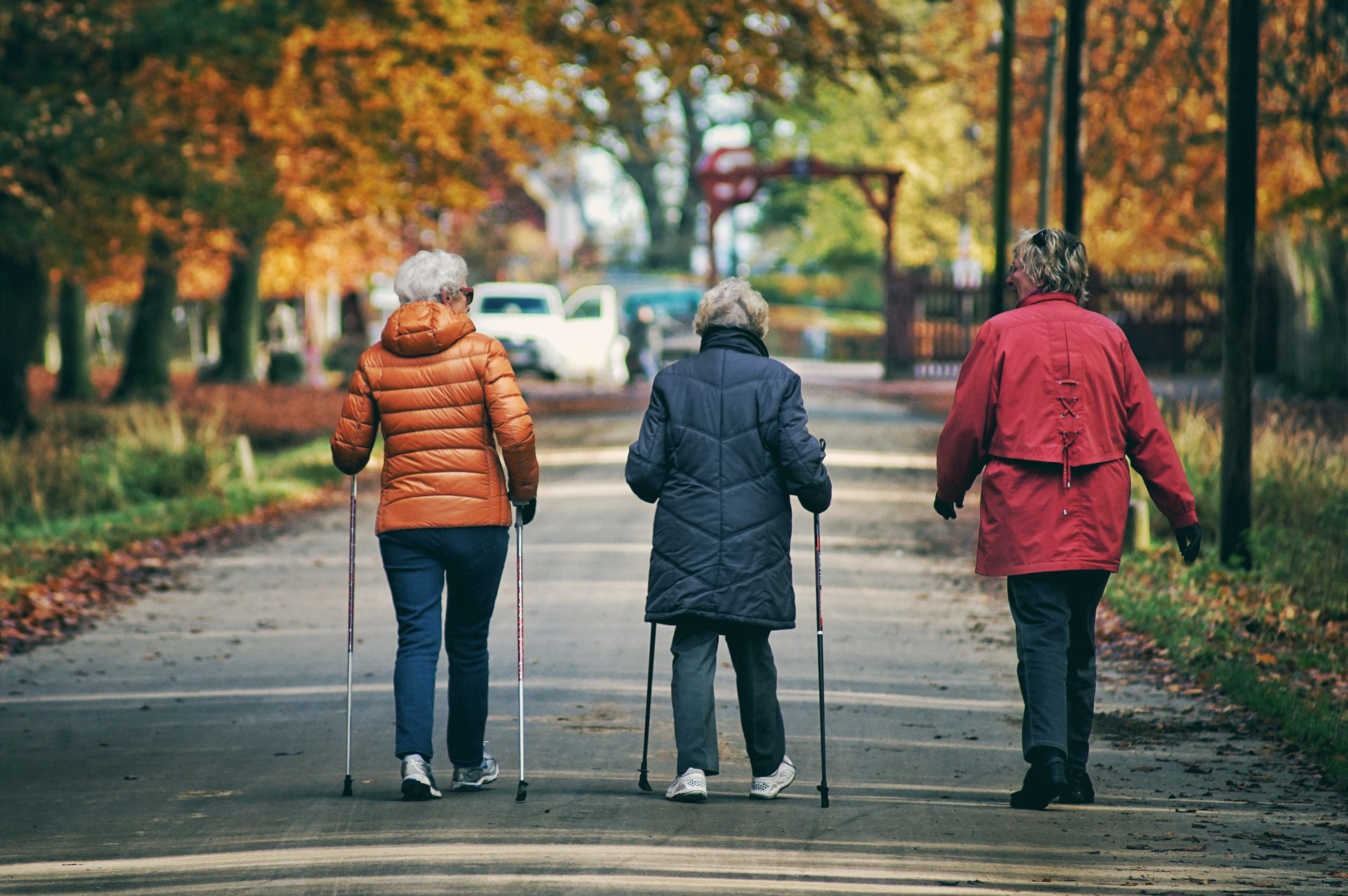 Three older ladies taking a walk in the park in autumn