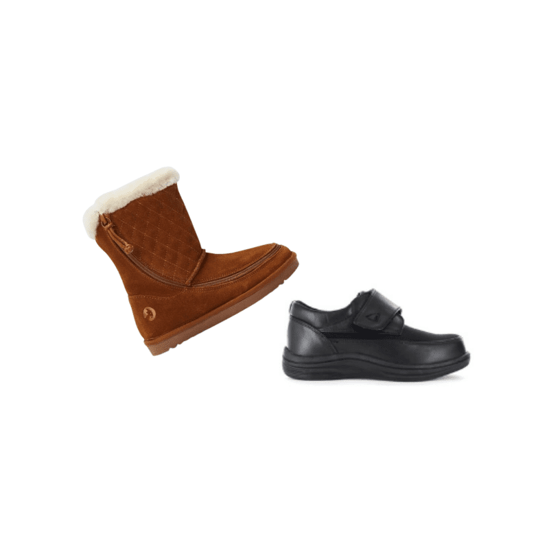 A brown fluffy boot with a zipper and a black leather shoe with velcro